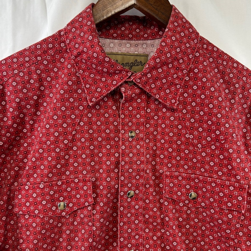 Wrangler Western Shirt Mens Large Red Geometric Pearl Snap Retro 112375546 - Picture 2 of 9